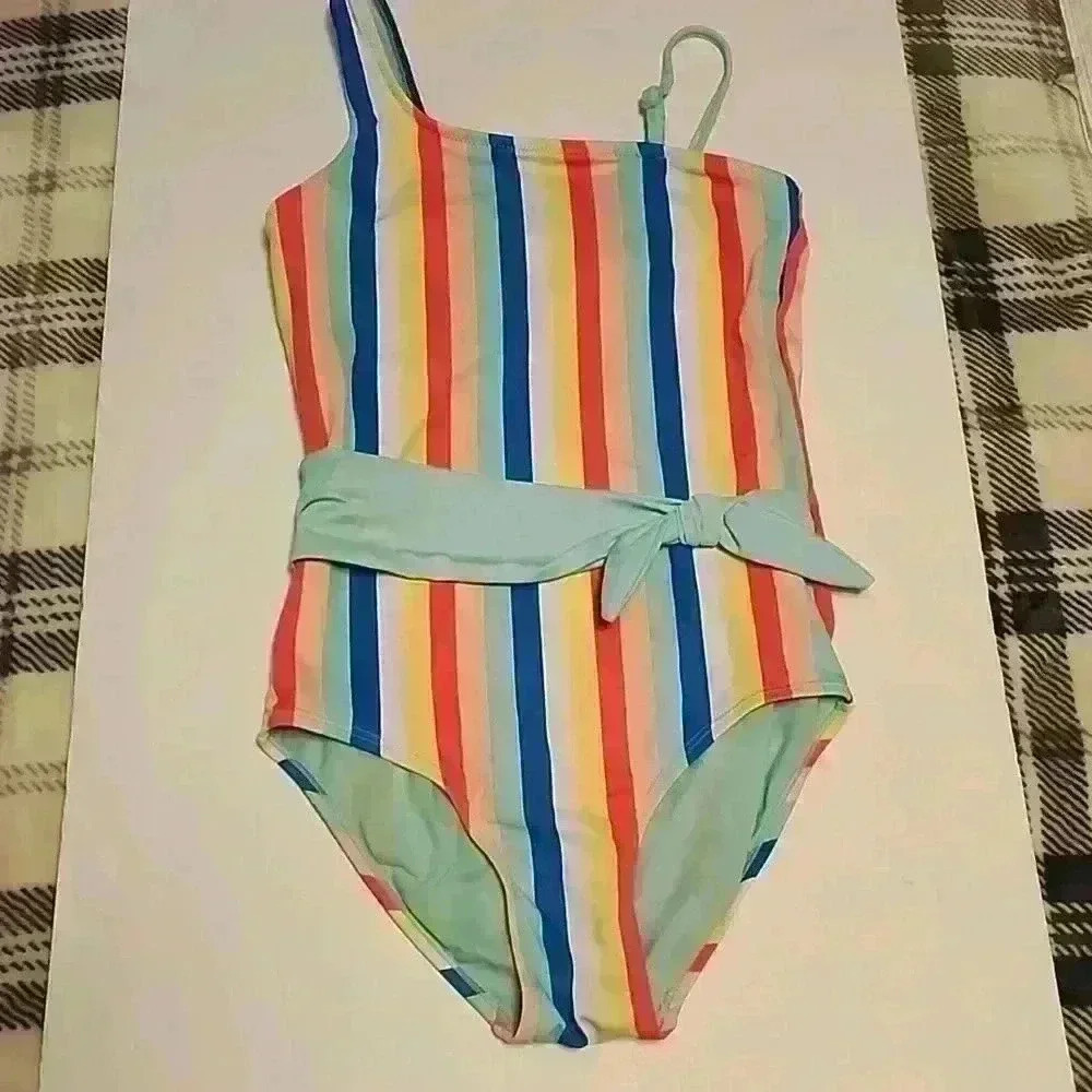 Justice Girls One-Shoulder Rainbow Stripe Swimsuit with Mint Tie